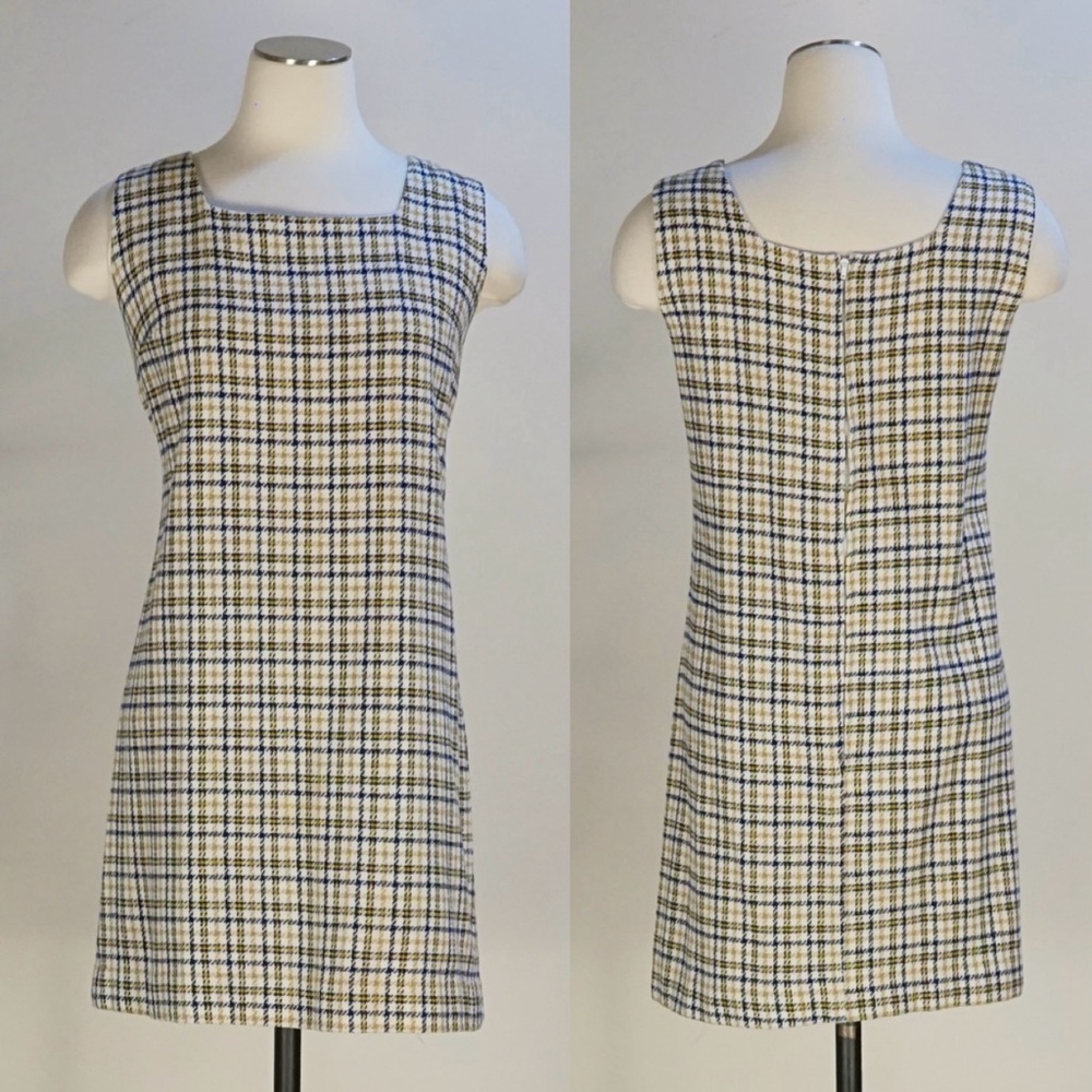 Vintage 70s plaid academia shift pinafore mini dress L/XL